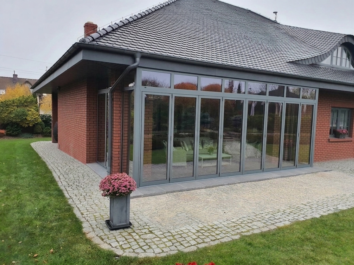 Aluminium-Falttüren an Backsteinhaus
