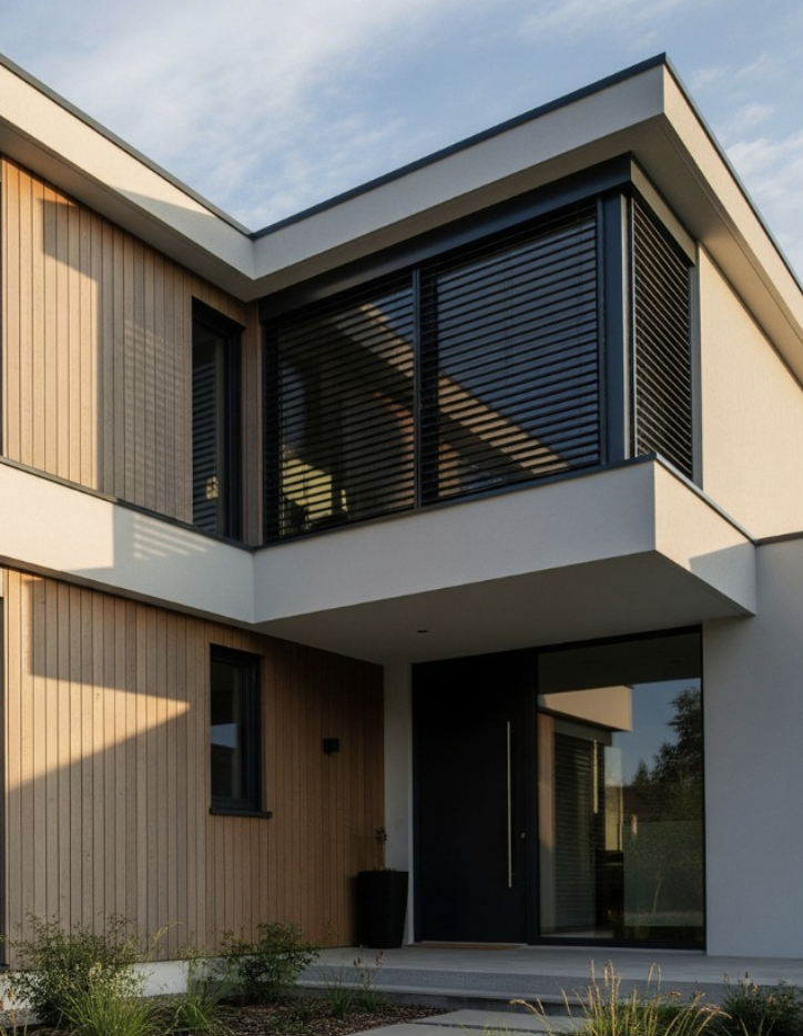 Einfamilienhaus mit Aluminiumfenstern und Haustür